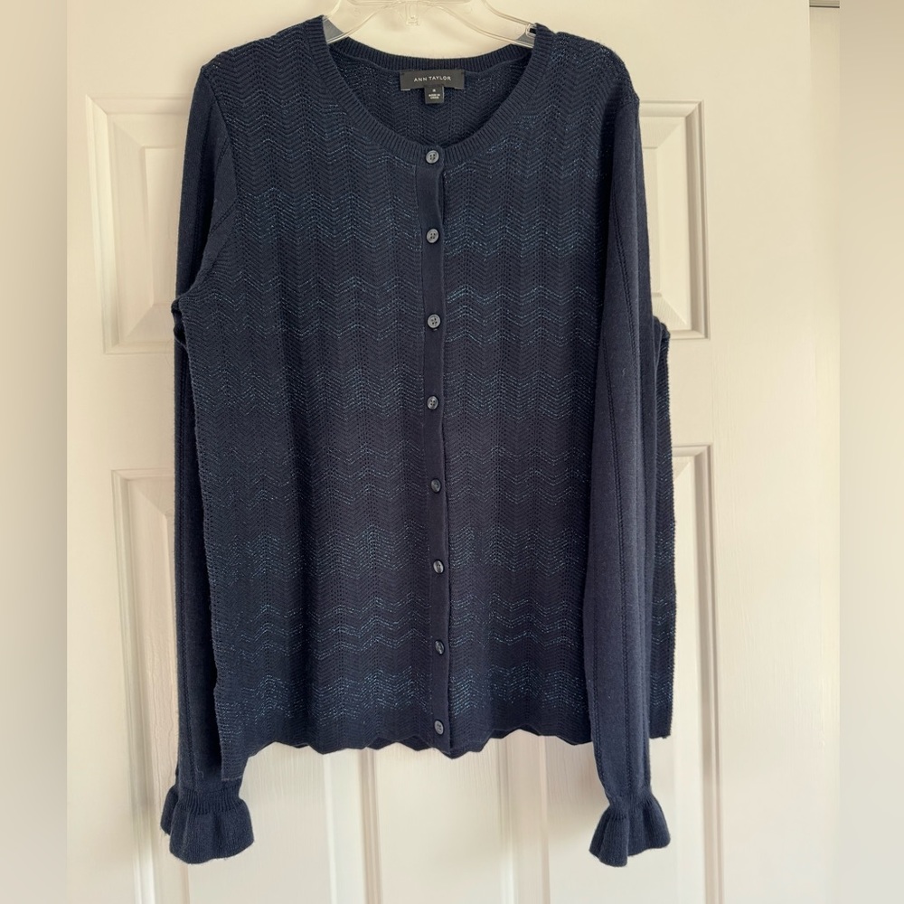 Ann Taylor Blue Cardigan Sparkly Shimmer Zigzag Pattern Sweater - Medium